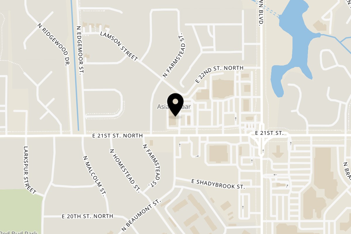 Map showing the location of Passage to India on 6100 E 21st St N #180 in Wichita